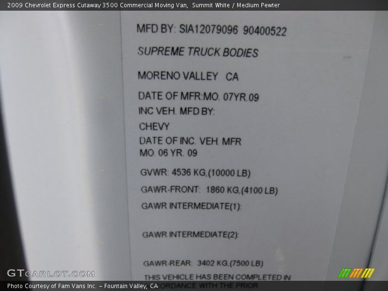 Summit White / Medium Pewter 2009 Chevrolet Express Cutaway 3500 Commercial Moving Van