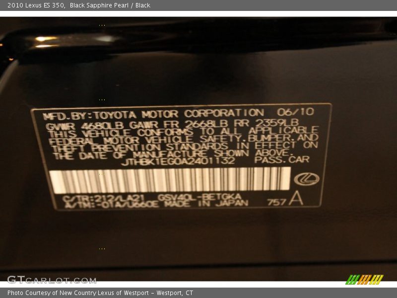 Black Sapphire Pearl / Black 2010 Lexus ES 350