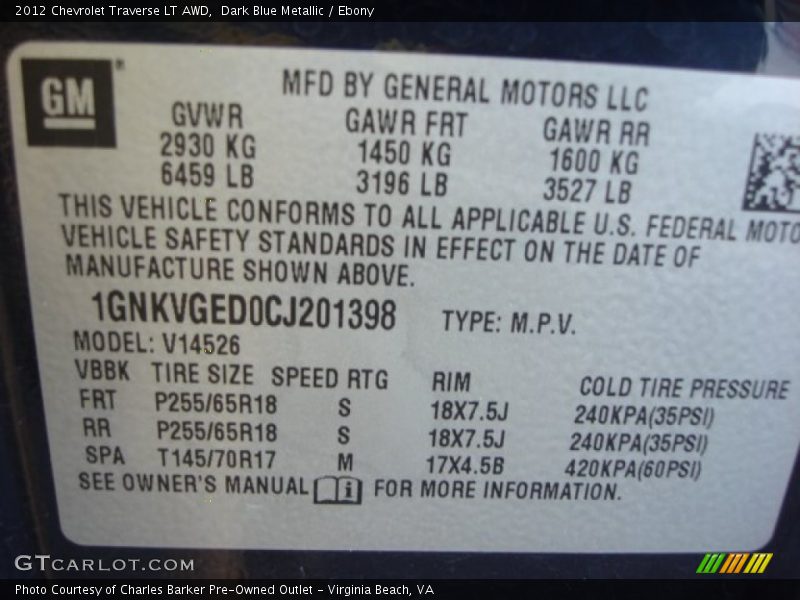 Dark Blue Metallic / Ebony 2012 Chevrolet Traverse LT AWD