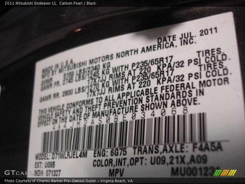 Carbon Pearl / Black 2011 Mitsubishi Endeavor LS