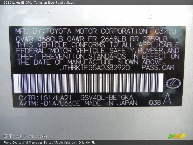 Tungsten Silver Pearl / Black 2010 Lexus ES 350