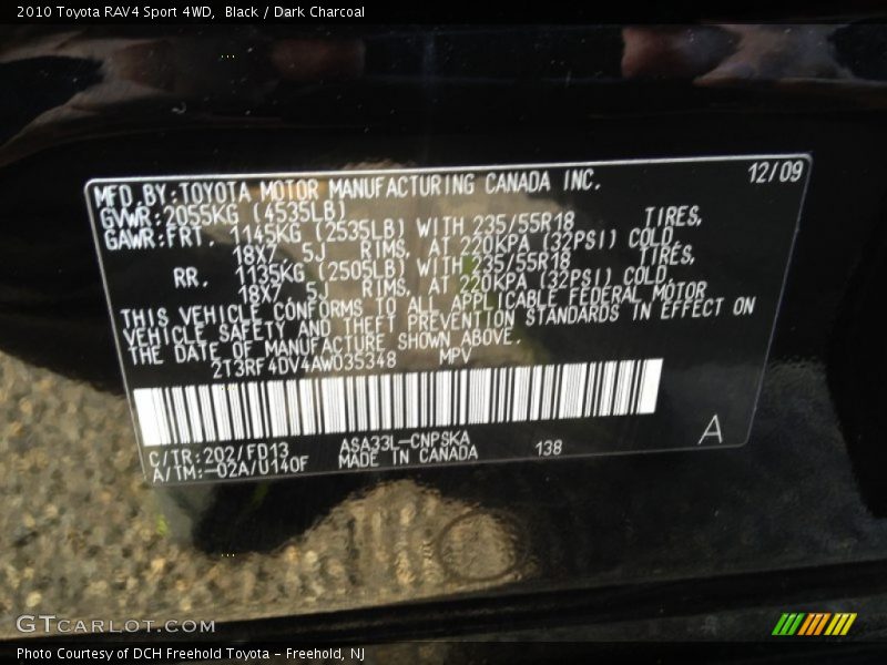 Black / Dark Charcoal 2010 Toyota RAV4 Sport 4WD