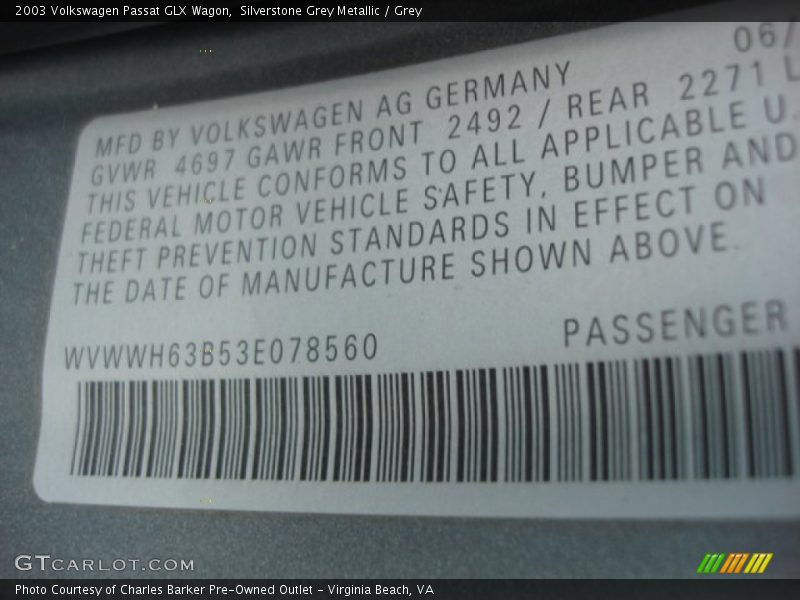 Silverstone Grey Metallic / Grey 2003 Volkswagen Passat GLX Wagon