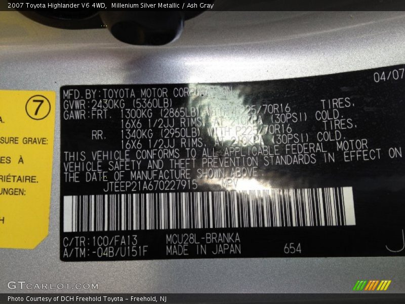 Millenium Silver Metallic / Ash Gray 2007 Toyota Highlander V6 4WD