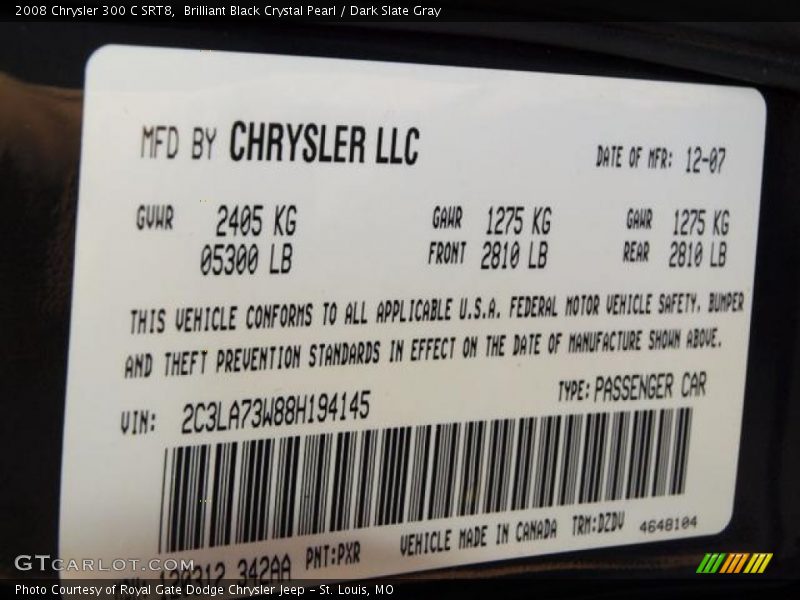 Brilliant Black Crystal Pearl / Dark Slate Gray 2008 Chrysler 300 C SRT8