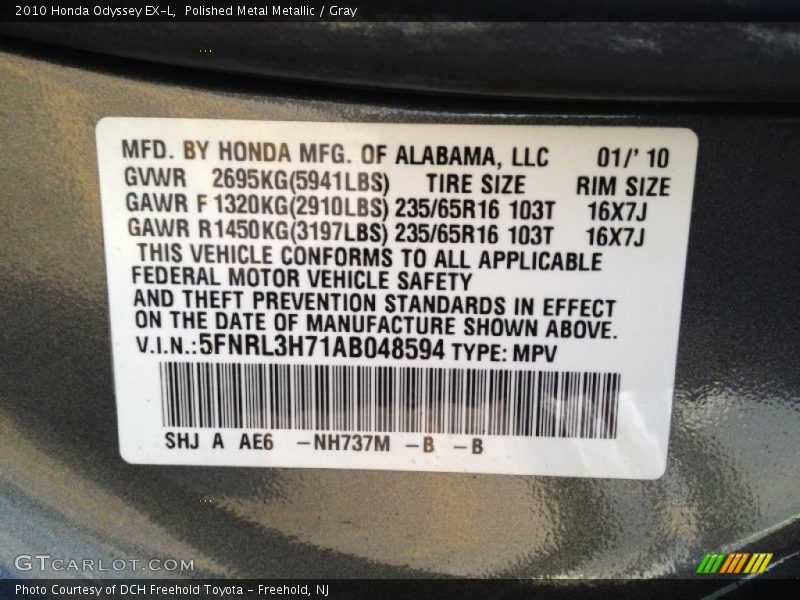 Polished Metal Metallic / Gray 2010 Honda Odyssey EX-L
