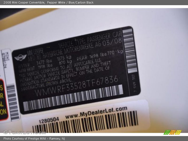 Pepper White / Blue/Carbon Black 2008 Mini Cooper Convertible