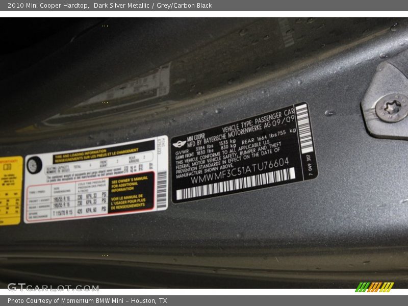 Dark Silver Metallic / Grey/Carbon Black 2010 Mini Cooper Hardtop