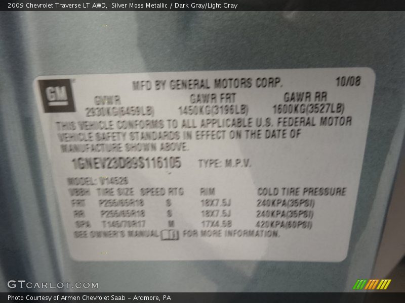 Silver Moss Metallic / Dark Gray/Light Gray 2009 Chevrolet Traverse LT AWD