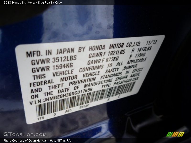 Vortex Blue Pearl / Gray 2013 Honda Fit