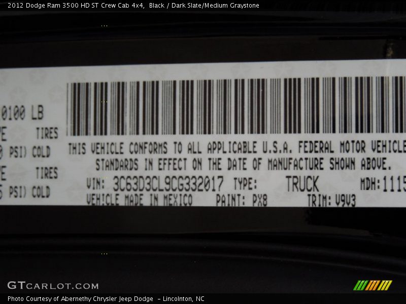 Black / Dark Slate/Medium Graystone 2012 Dodge Ram 3500 HD ST Crew Cab 4x4