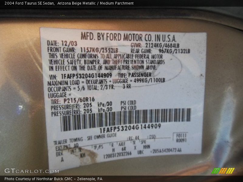 Arizona Beige Metallic / Medium Parchment 2004 Ford Taurus SE Sedan