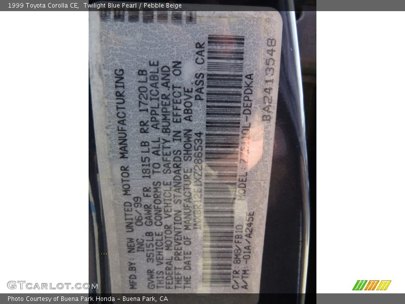 Twilight Blue Pearl / Pebble Beige 1999 Toyota Corolla CE