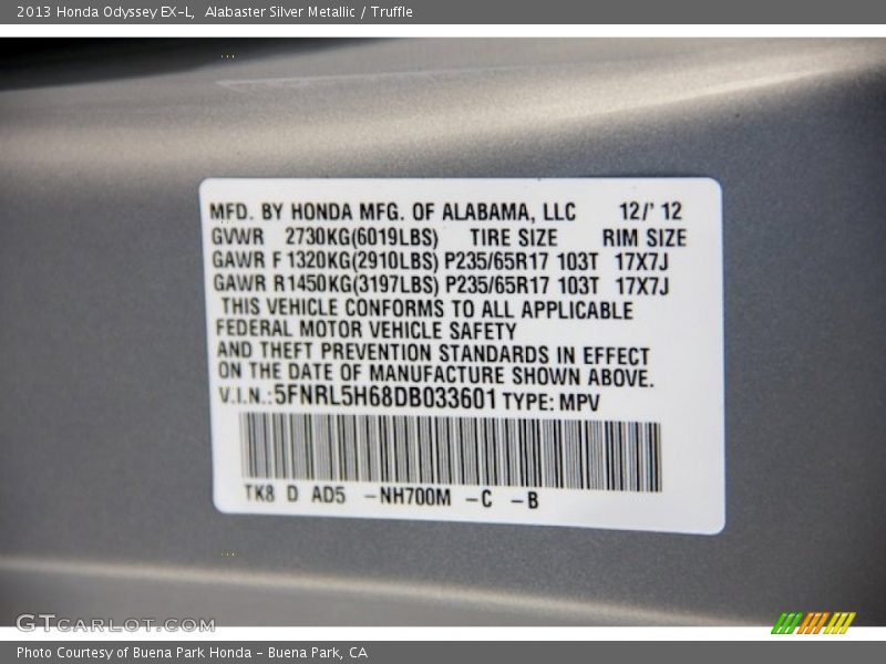 Alabaster Silver Metallic / Truffle 2013 Honda Odyssey EX-L