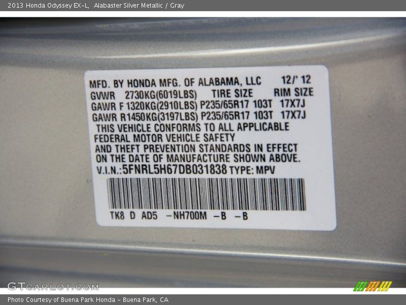 Alabaster Silver Metallic / Gray 2013 Honda Odyssey EX-L