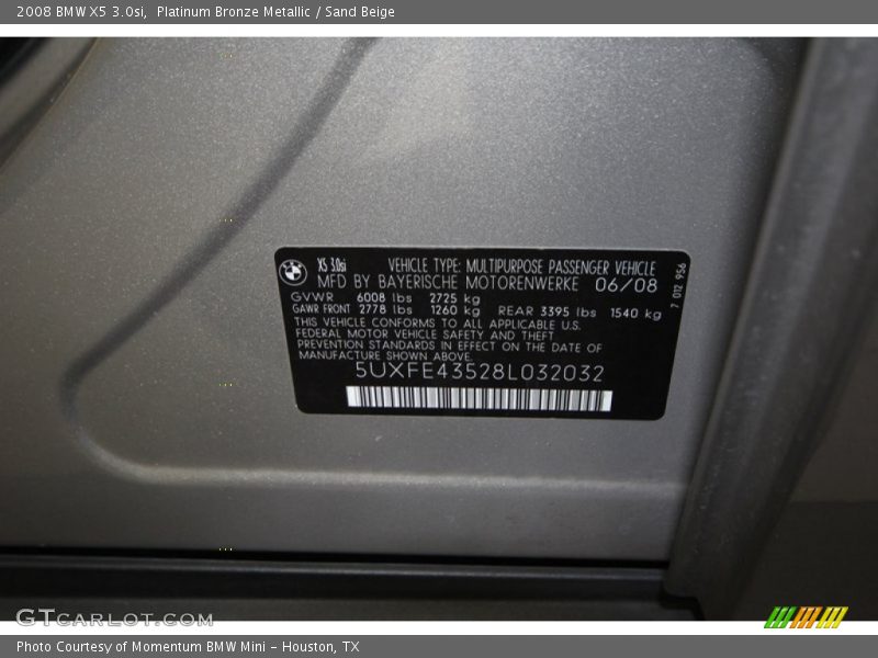 Platinum Bronze Metallic / Sand Beige 2008 BMW X5 3.0si