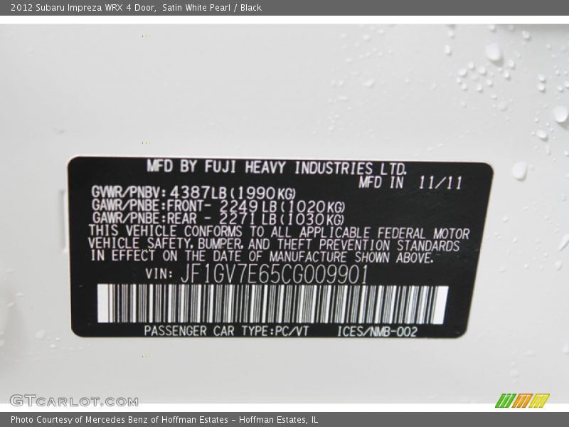 Satin White Pearl / Black 2012 Subaru Impreza WRX 4 Door