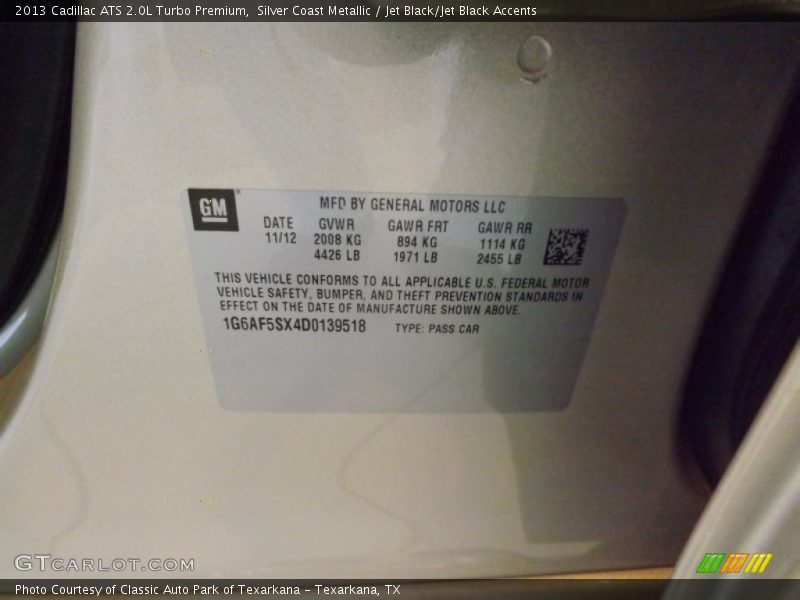 Silver Coast Metallic / Jet Black/Jet Black Accents 2013 Cadillac ATS 2.0L Turbo Premium