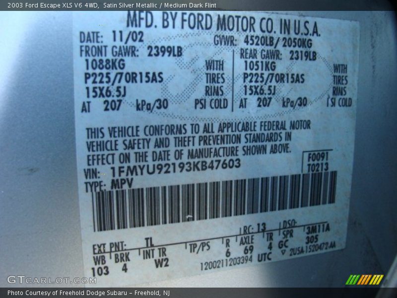 Satin Silver Metallic / Medium Dark Flint 2003 Ford Escape XLS V6 4WD