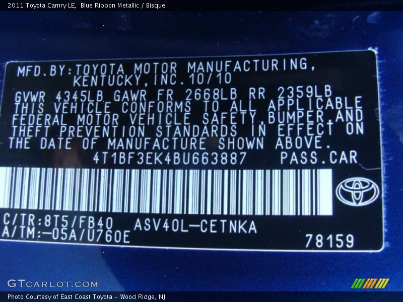 Blue Ribbon Metallic / Bisque 2011 Toyota Camry LE