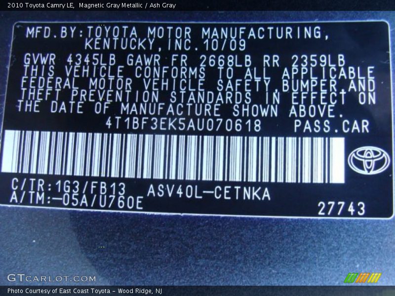 Magnetic Gray Metallic / Ash Gray 2010 Toyota Camry LE