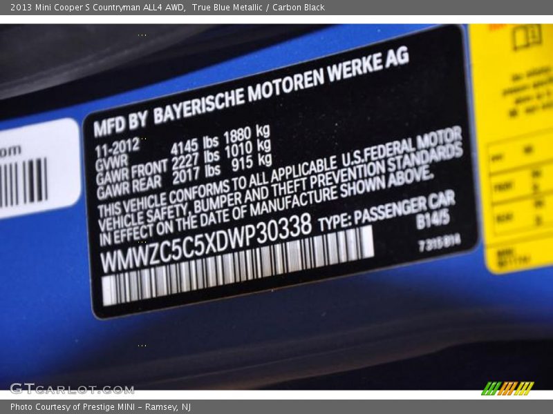 2013 Cooper S Countryman ALL4 AWD True Blue Metallic Color Code B14