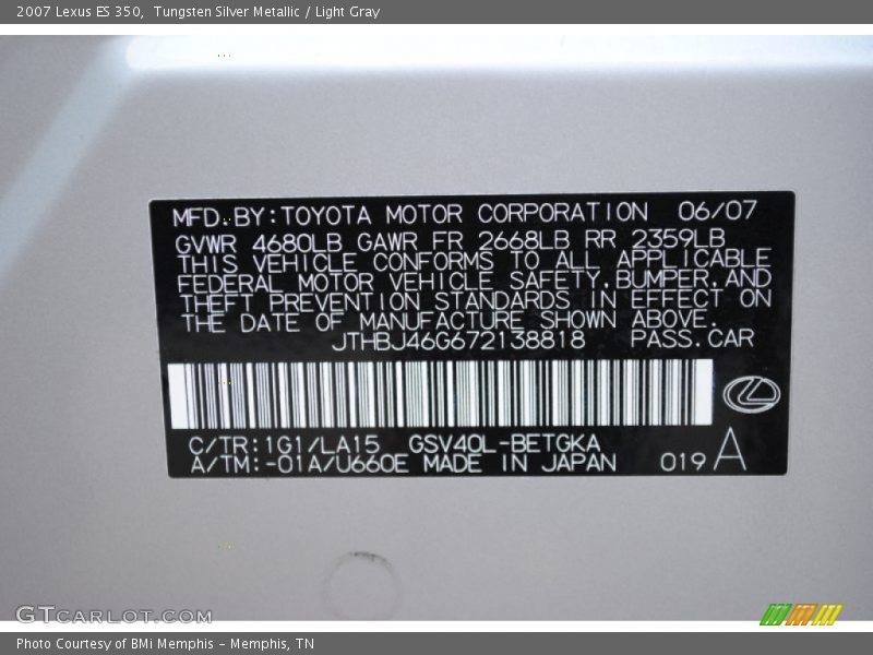 Tungsten Silver Metallic / Light Gray 2007 Lexus ES 350
