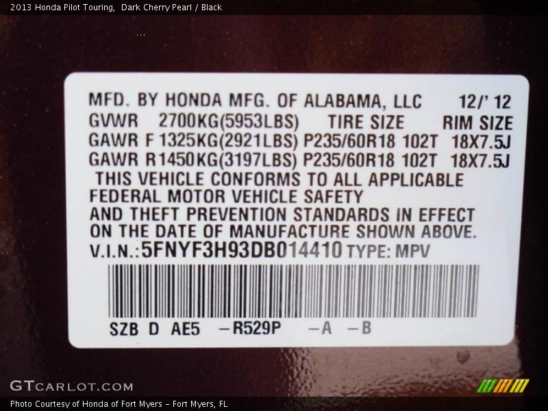 2013 Pilot Touring Dark Cherry Pearl Color Code R529P