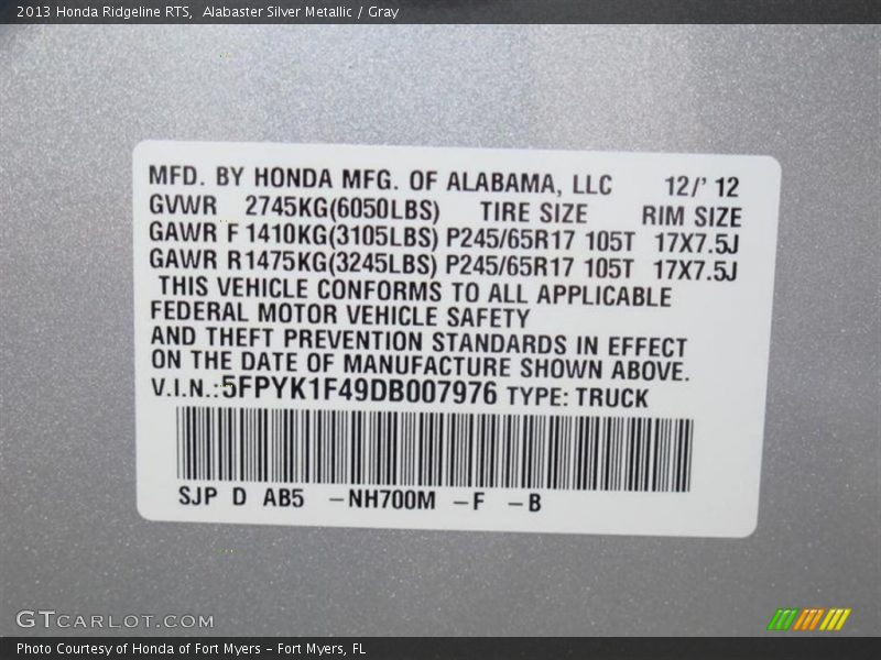 2013 Ridgeline RTS Alabaster Silver Metallic Color Code NH700M