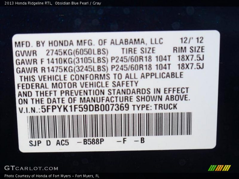 2013 Ridgeline RTL Obsidian Blue Pearl Color Code 588P