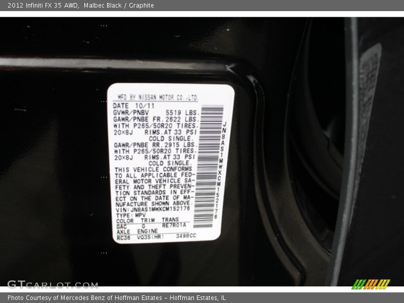 Malbec Black / Graphite 2012 Infiniti FX 35 AWD