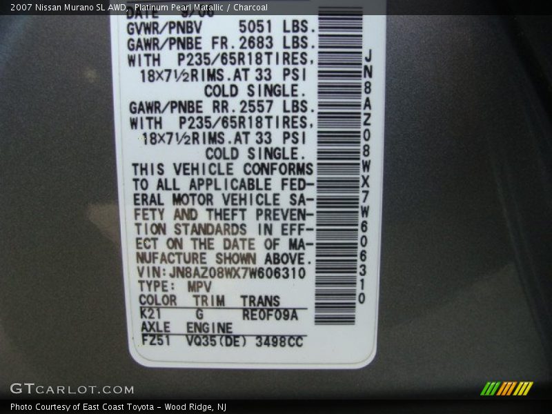 Platinum Pearl Matallic / Charcoal 2007 Nissan Murano SL AWD