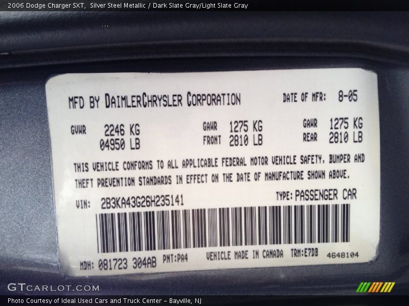 Silver Steel Metallic / Dark Slate Gray/Light Slate Gray 2006 Dodge Charger SXT