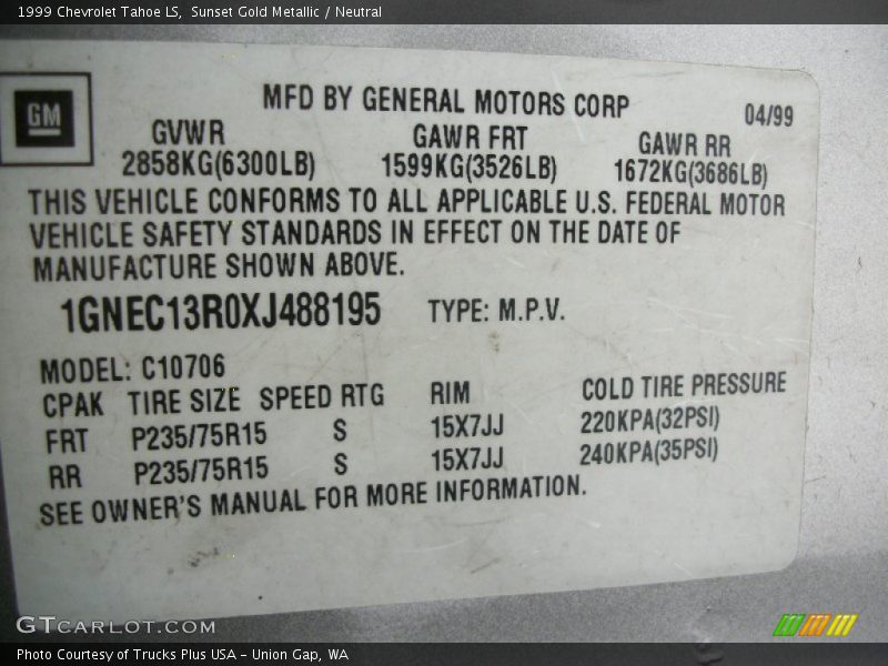 Info Tag of 1999 Tahoe LS