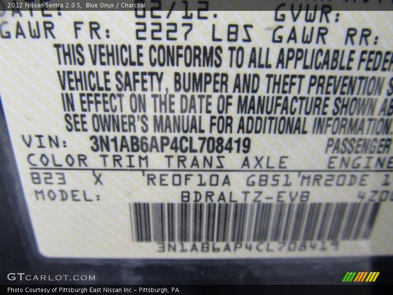 Blue Onyx / Charcoal 2012 Nissan Sentra 2.0 S
