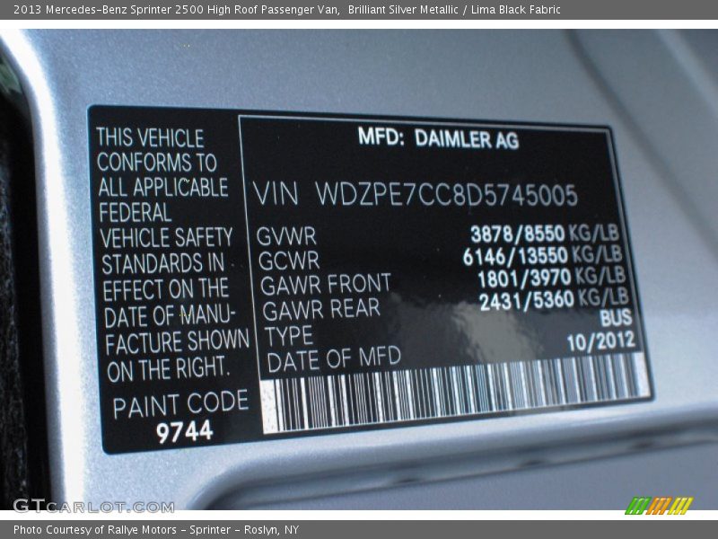 2013 Sprinter 2500 High Roof Passenger Van Brilliant Silver Metallic Color Code 9744