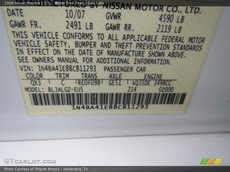 Winter Frost Pearl / Cafe Latte 2008 Nissan Maxima 3.5 SL