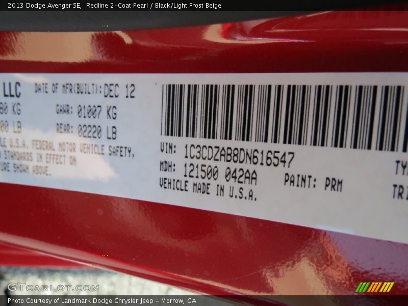 Redline 2-Coat Pearl / Black/Light Frost Beige 2013 Dodge Avenger SE