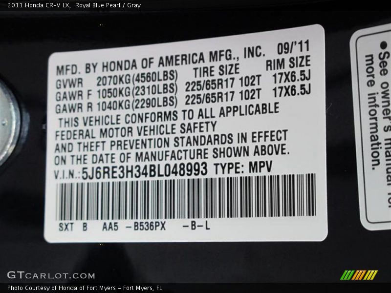 Royal Blue Pearl / Gray 2011 Honda CR-V LX