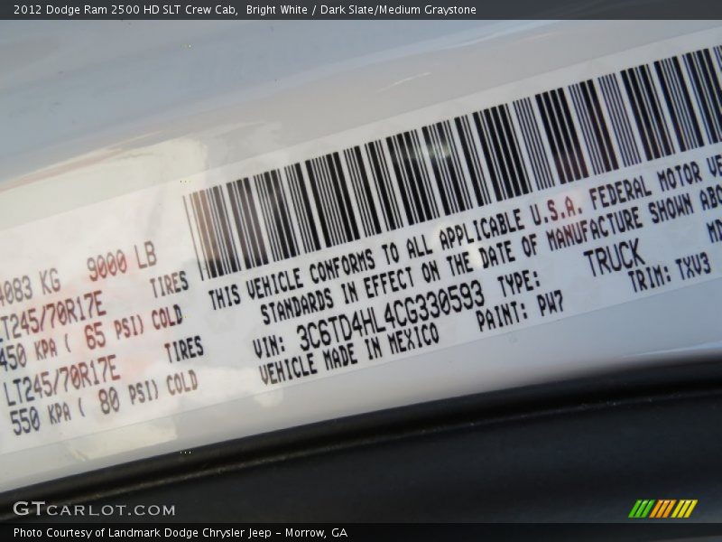 Bright White / Dark Slate/Medium Graystone 2012 Dodge Ram 2500 HD SLT Crew Cab