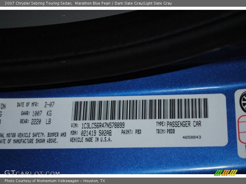 Marathon Blue Pearl / Dark Slate Gray/Light Slate Gray 2007 Chrysler Sebring Touring Sedan