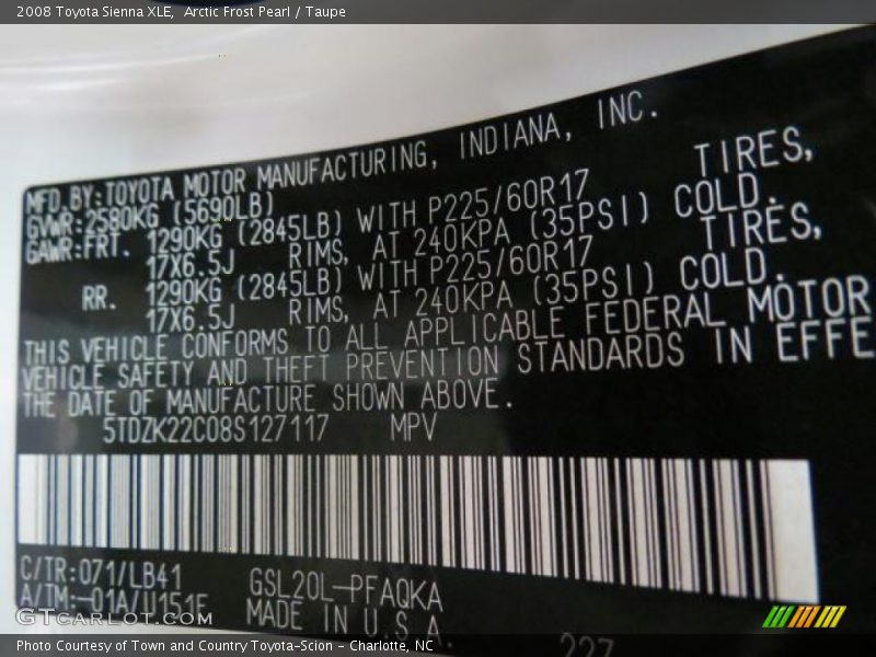 Arctic Frost Pearl / Taupe 2008 Toyota Sienna XLE