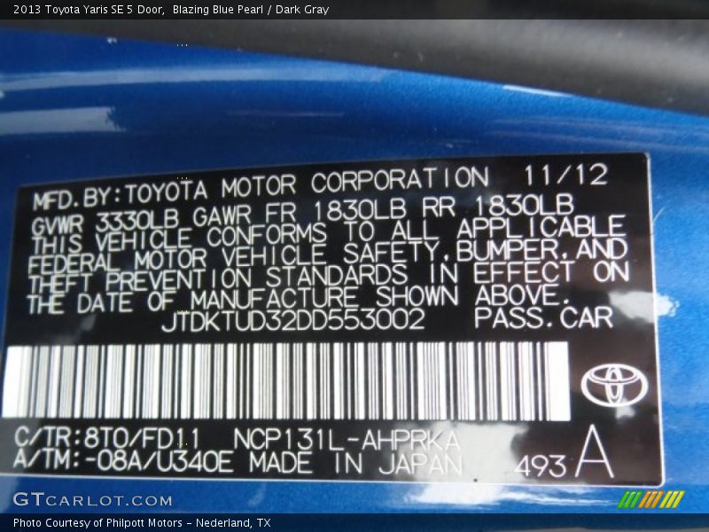 2013 Yaris SE 5 Door Blazing Blue Pearl Color Code 8T0