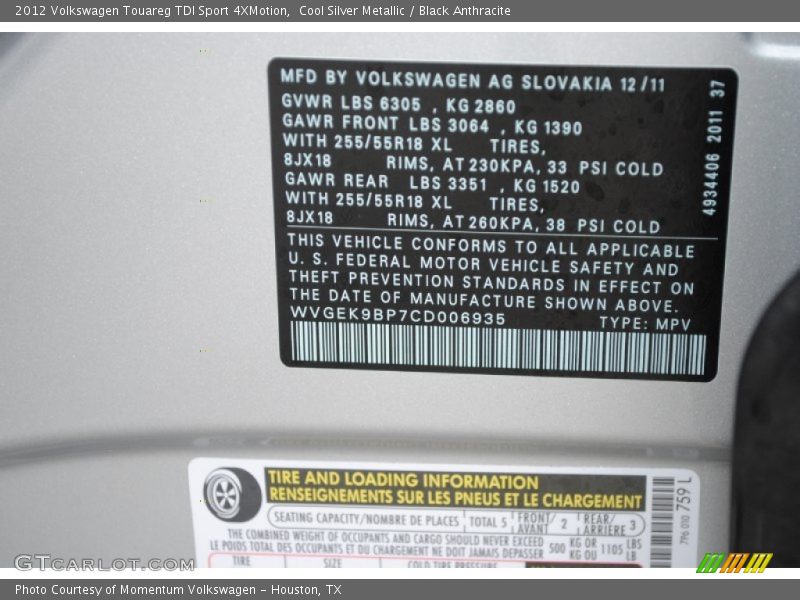 Cool Silver Metallic / Black Anthracite 2012 Volkswagen Touareg TDI Sport 4XMotion