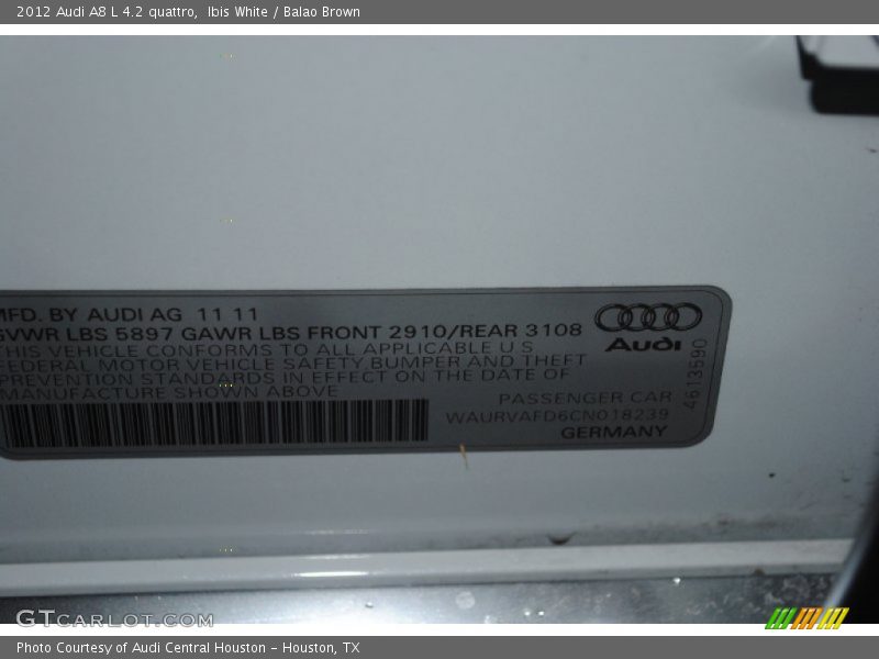 Ibis White / Balao Brown 2012 Audi A8 L 4.2 quattro