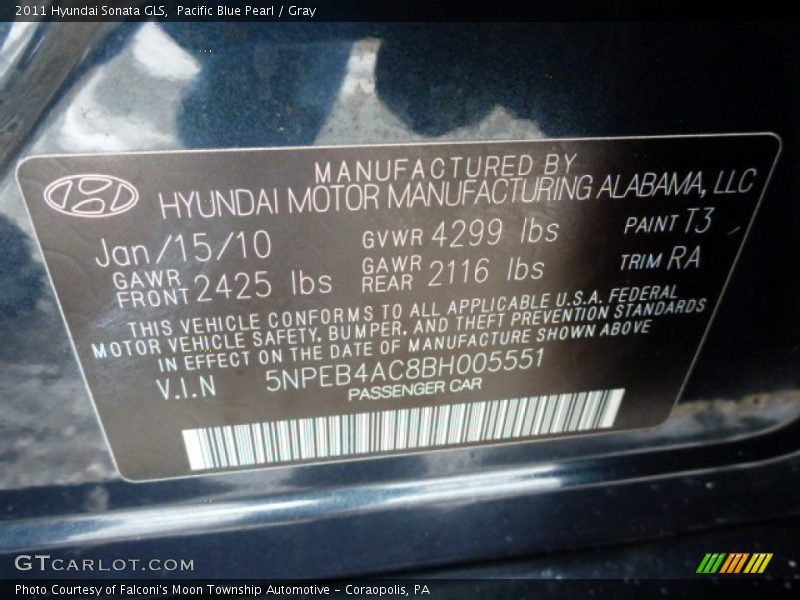 Pacific Blue Pearl / Gray 2011 Hyundai Sonata GLS