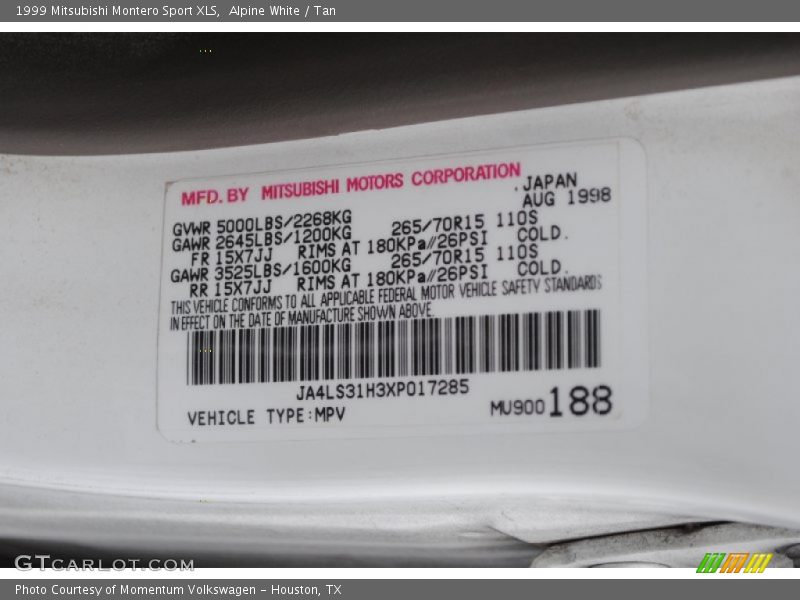 Alpine White / Tan 1999 Mitsubishi Montero Sport XLS