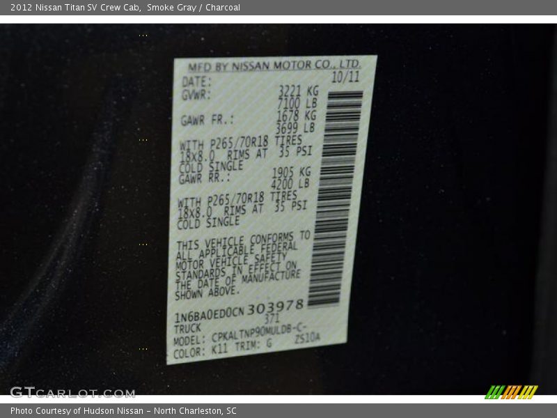 Smoke Gray / Charcoal 2012 Nissan Titan SV Crew Cab