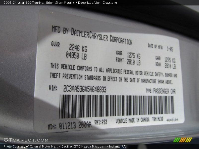 Bright Silver Metallic / Deep Jade/Light Graystone 2005 Chrysler 300 Touring