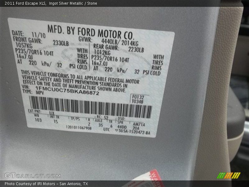 Ingot Silver Metallic / Stone 2011 Ford Escape XLS